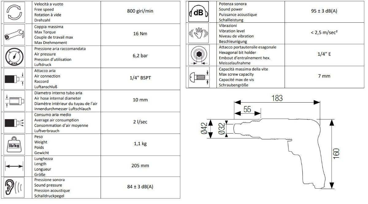 AIRTEC 12302005 Cacciavite reversibile pneumatico modello 605 con impugnatura a pistola, frizione positiva, coppia massima 16Nm