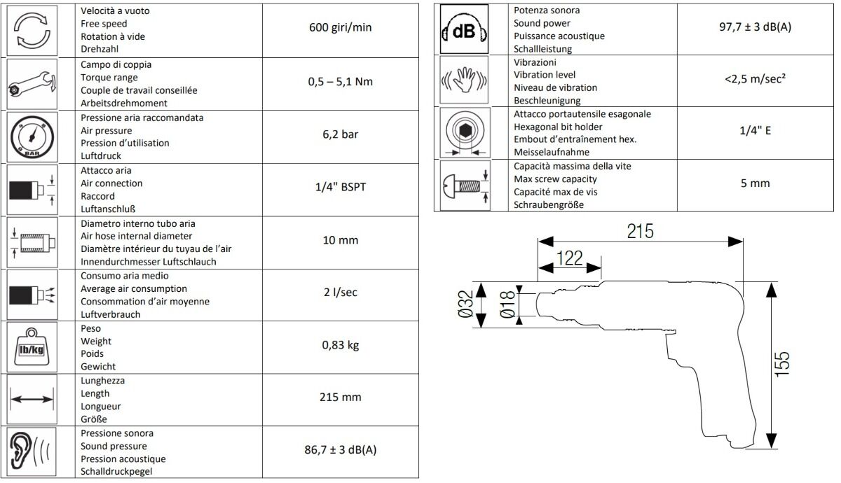 AIRTEC 12302022 Cacciavite reversibile pneumatico a pistola con meccanismo di arresto automatico dell'aria modello 611, coppia massima 5.1Nm