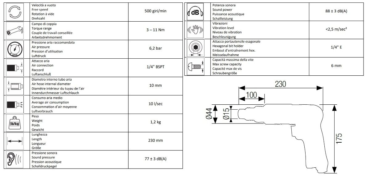 12302030 AIRTEC Pneumatic pistol type reversible auto shut-off screwdriver model 630, Intuitive and easy to access internal adjustable clutch, maximum torque 11.0Nm