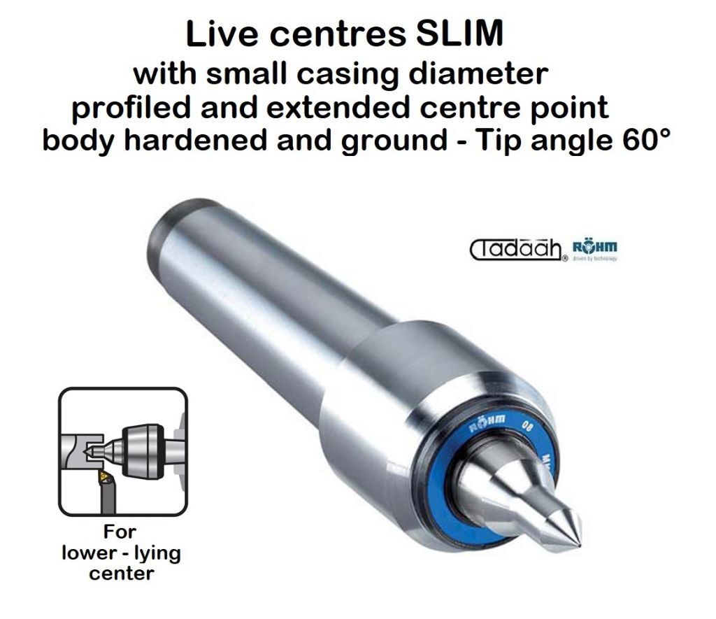 Contropunte Rohm SLIM, gambo cono morse CM2 - CM3 - CM4 - CM5 con cuspide a profilo prolungata e diametro esterno contenuto, corpo temprato e rettificato - cuspide 60 gradi