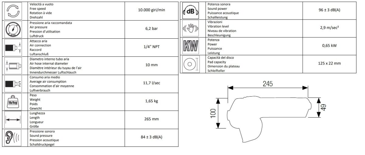 13009700 AIRTEC Smerigliatrice angolare pneumatica modello 416, 125mm per lavori gravosi con disco 5", leva di sicurezza e scarico posteriore