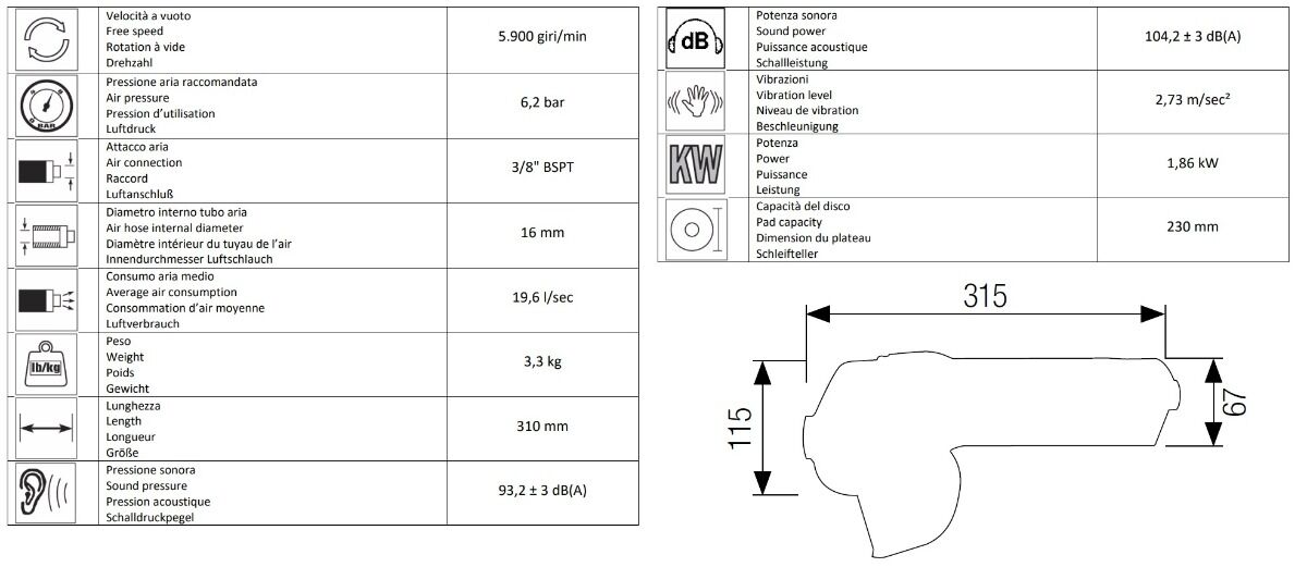13019000 AIRTEC Smerigliatrice angolare pneumatica modello 525 dotata di fermo di sicurezza del disco, Dia. 230mm con maniglia laterale antivibrante, con filetto 5/8" 