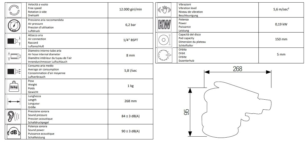13115299 AIRTEC Levigatrice palmare rotorbitale pneumatica modello 532L, per platorello velcro diametro 150mm, regolatore dell’aria, corpo in composito, molto leggero ed ergonomico.