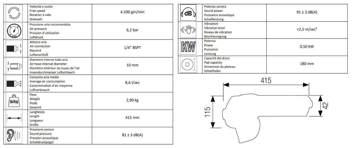 13117815 AIRTEC Hochleistungs-Pneumatik-Winkelschleifer Modell 526, M14-Gewinde, 180mm flexibler Schleifteller, zum Schleifen von Metall und Spachtelmasse