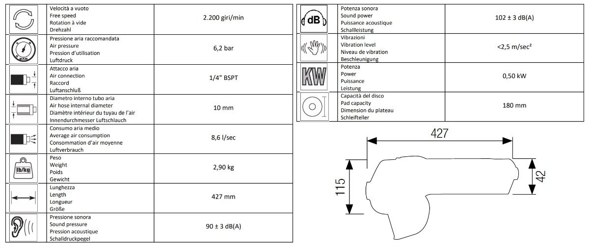 13117825 AIRTEC Schwerer pneumatischer Winkelpolierer Modell 527, mit M14-Gewinde, 180mm flexibler Stützteller, zum Polieren von Lack, Metall oder Kunststoffen
