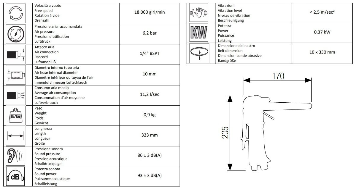 13118000 AIRTEC Smerigliatrice pneumatica a nastro modello 423, blocco del braccio nella posizione desiderata, per nastri abrasivi 10x330mm