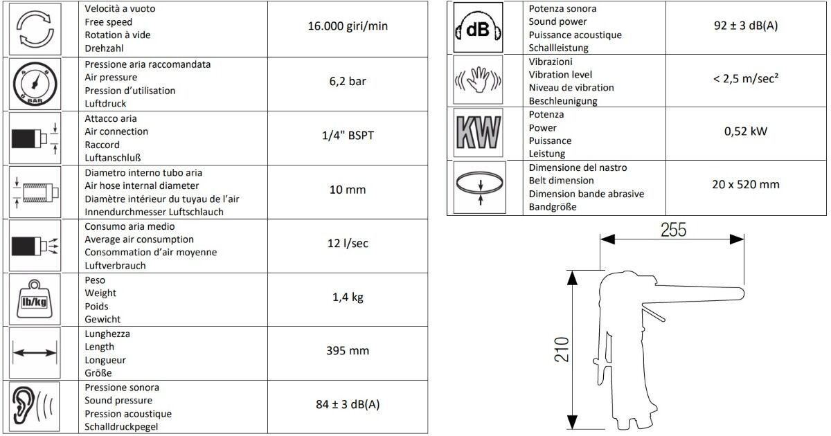 AIRTEC 13118100 Pneumatische Bandschleifmaschine Modell 424 für 20x520mm Bänder mit Arretierung in der gewünschten Position