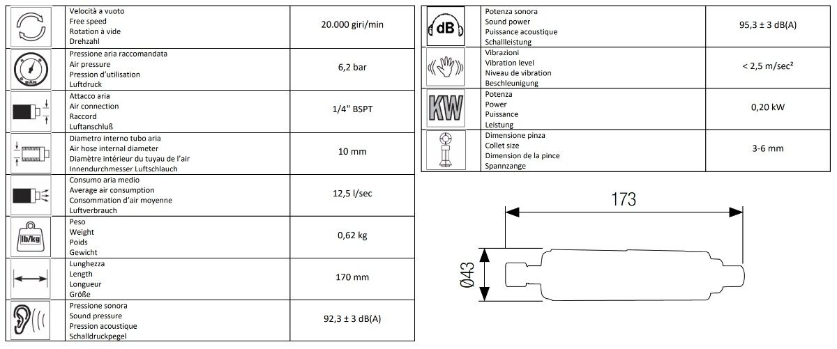 13200000 AIRTEC 6mm Pneumatic collet die grinder model 484, with 3mm adapter