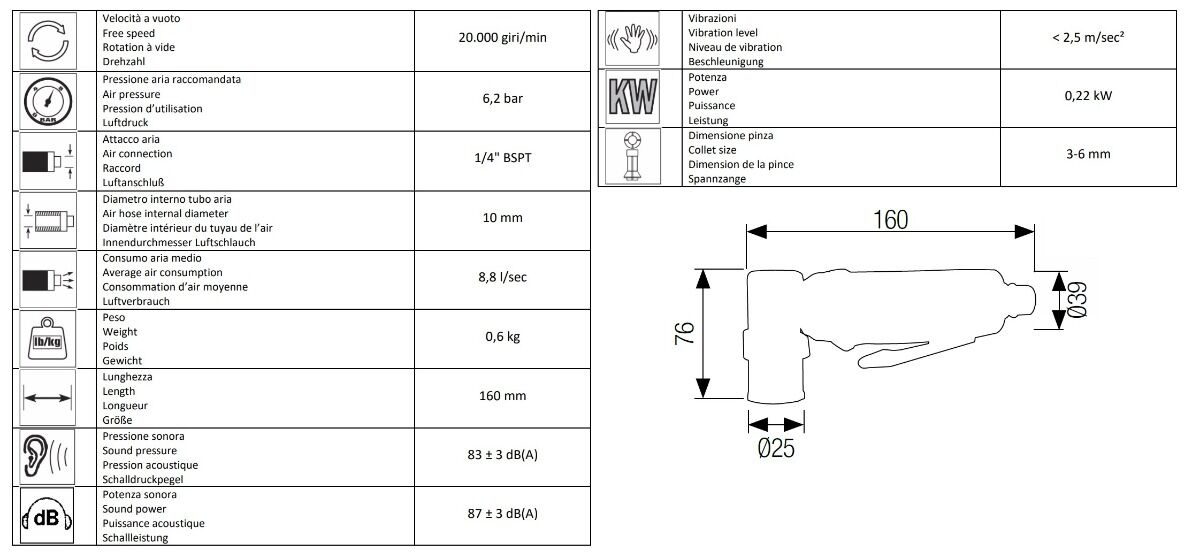13200052 AIRTEC Mini-Pneumatische Winkelschleifmaschine Modell 252, ergonomische Gummibeschichtung, mit Spannfutter für 3 und 6 mm Durchmesser