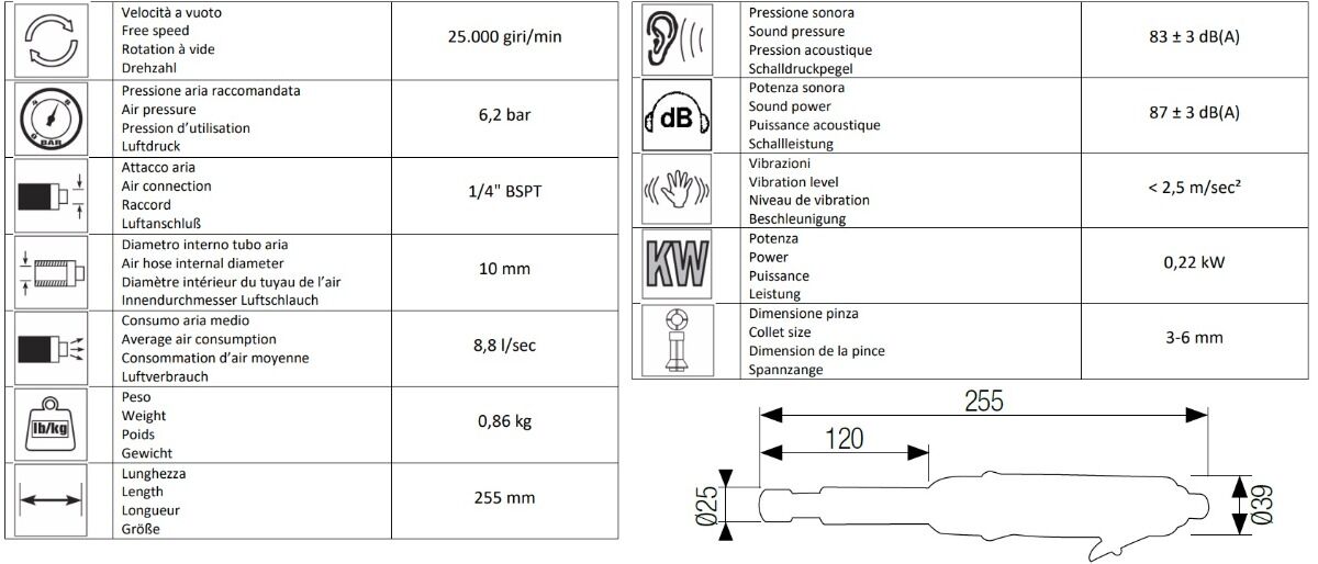 AIRTEC 13200055 Extended air grinder model 255 with 3 to 6mm collet, swivel air connection and rear exhaust