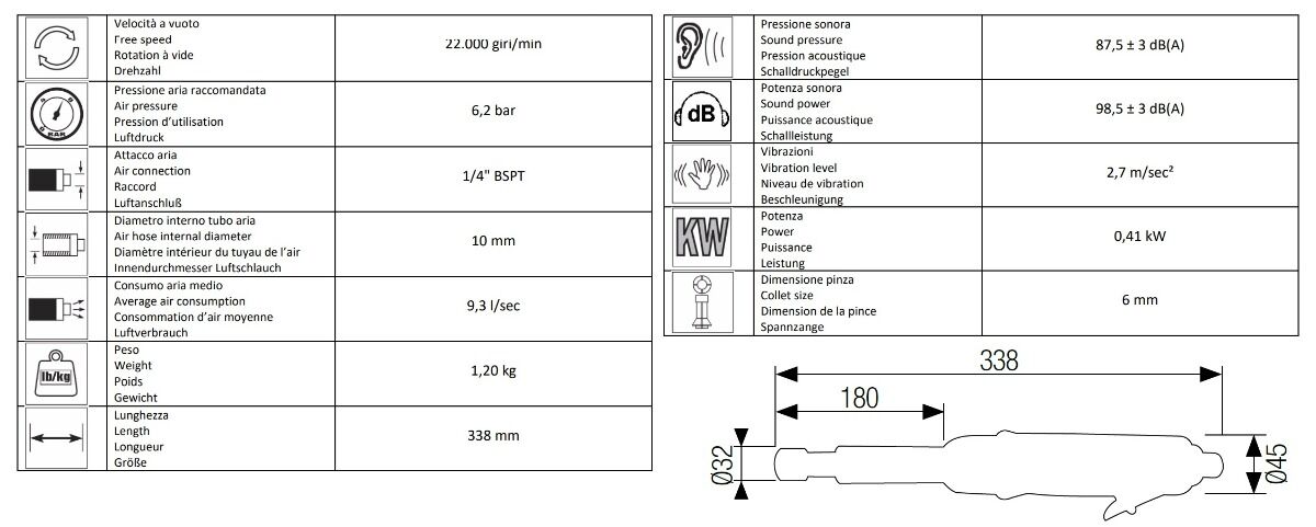 13200075 AIRTEC Smerigliatrice pneumatica prolungata con pinza 6 mm modello 275, munito di sistema di blocco dell'alberino per il cambio di accessori