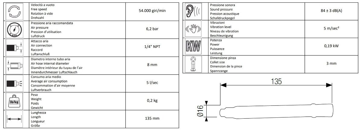 13200500 AIRTEC Smerigliatrice veloce pneumatica a 54.000 giri modello 700, ghiera regolatore per ingresso aria progressivo, con pinza di 3 mm