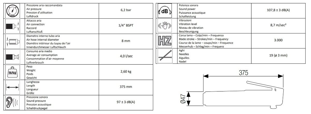 14002000 AIRTEC Scrostatore pneumatico ad aghi con impugnatura dritta modello 210, dotato di manicotto regolabile