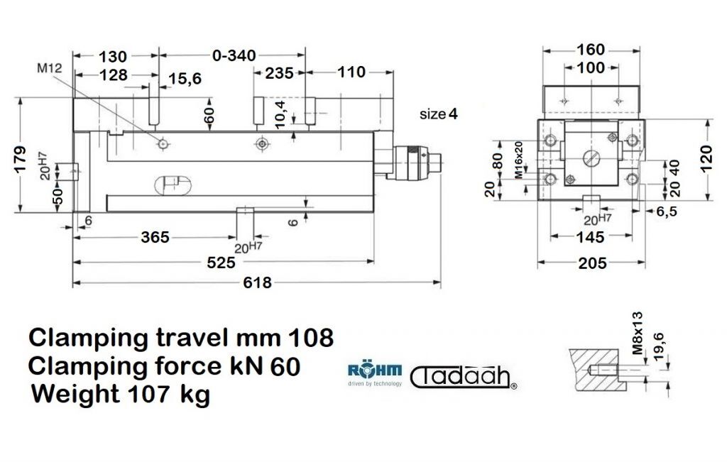 148682 Röhm RKK-Schraubstock mit Standard-SA und SGN - Backe mit Leistungsgeber, hohe Präzision, Backenbreite 160mm
