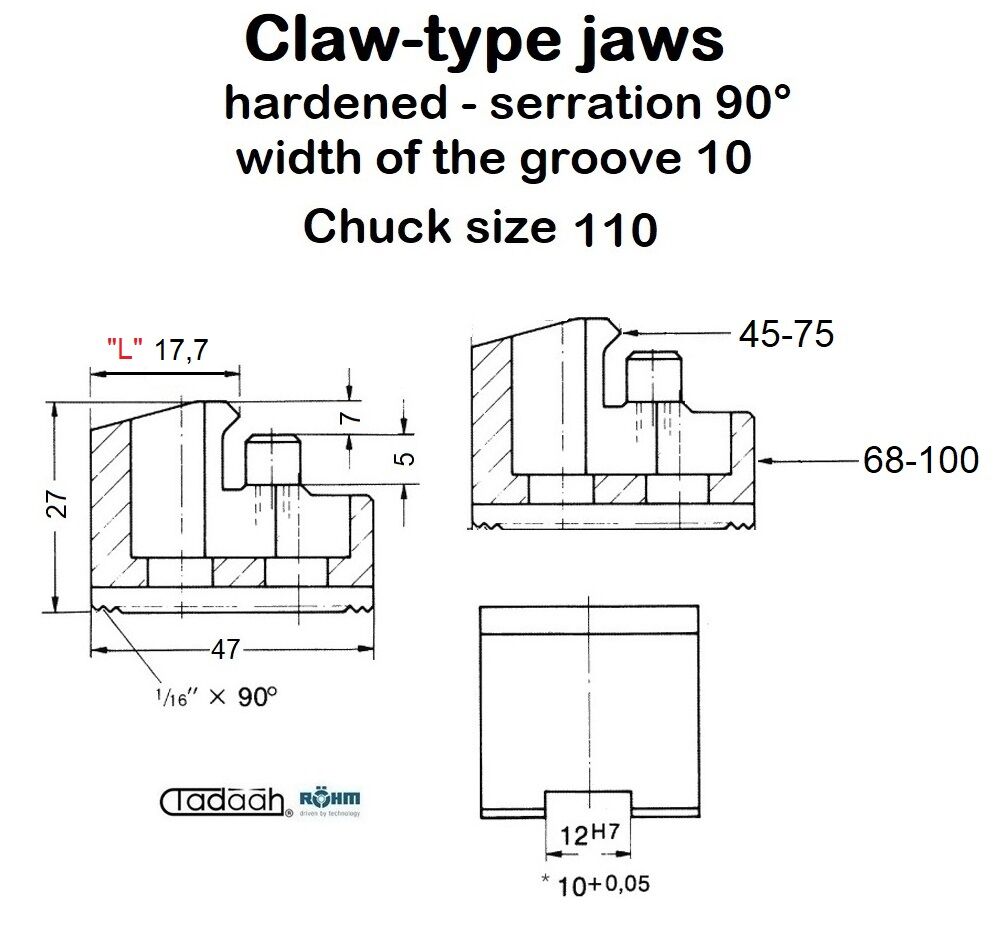 ROEHM 149922 Hardened Claw-type jaw, serration 90° for Röhm DURO-A power independent chuck size 110, Claw length 17.7mm