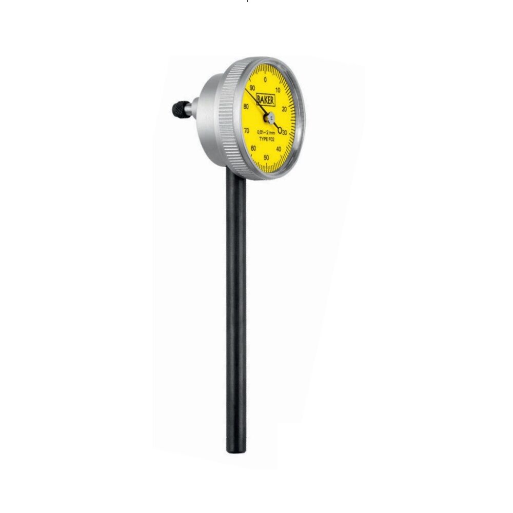 RUPAC 1500094 Comparatore analogico BAKER F02 con quadrante orizzontale e impugnatura, corsa 2 mm, risoluzione 0,01 mm, scala 0-100, DIN 878