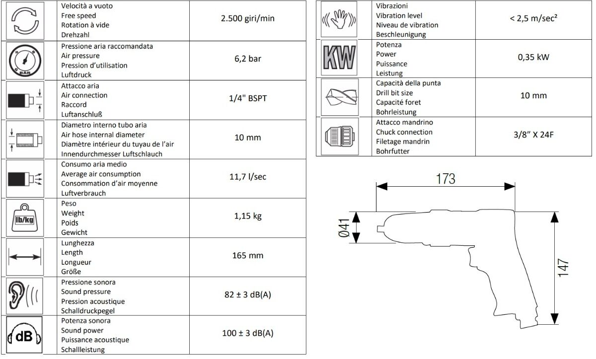 AIRTEC 15010010 Pneumatic drill model 478/A composite keyless chuck, max tool diameter 10mm
