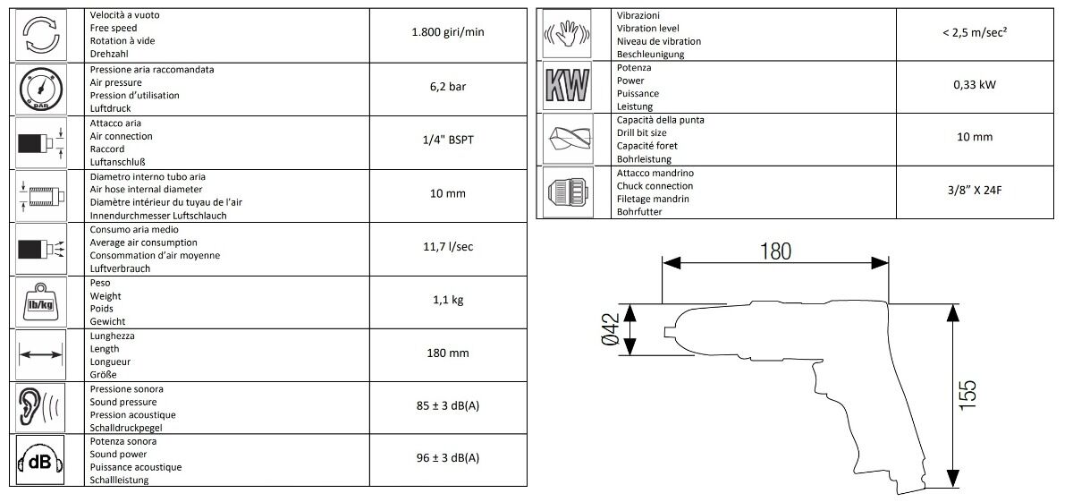 15010040 AIRTEC Reversible composite drill model 380, double action trigger, rear exhaust, in composite material self-tightening chuck, max tool diameter 10mm