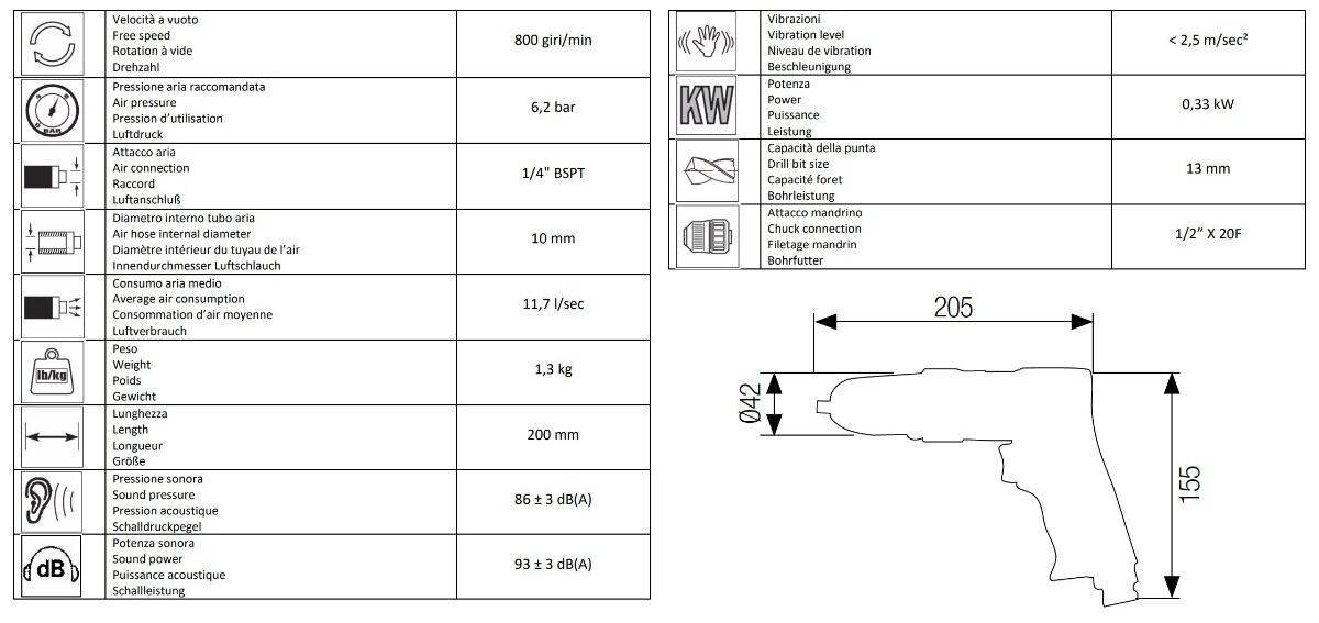 15013020 AIRTEC Trapano pneumatico reversibile modello 383, in composito con mandrino autoserrante in metallo, diametro utensile max 13mm