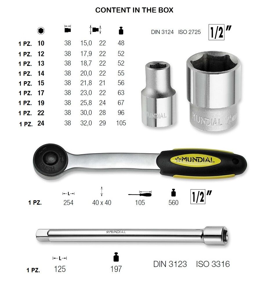 1542.010 SERIE 12 CHIAVI A BUSSOLA 1/2” + CRICCHETTO + PROLUNGA - mm10÷24
