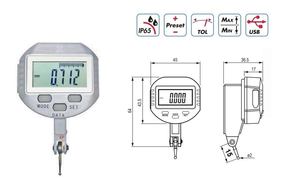 1550902 RUPAC Digital dial indicator Digitronic Series, measuring range 0.8mm, resolution 0.001mm, IP65