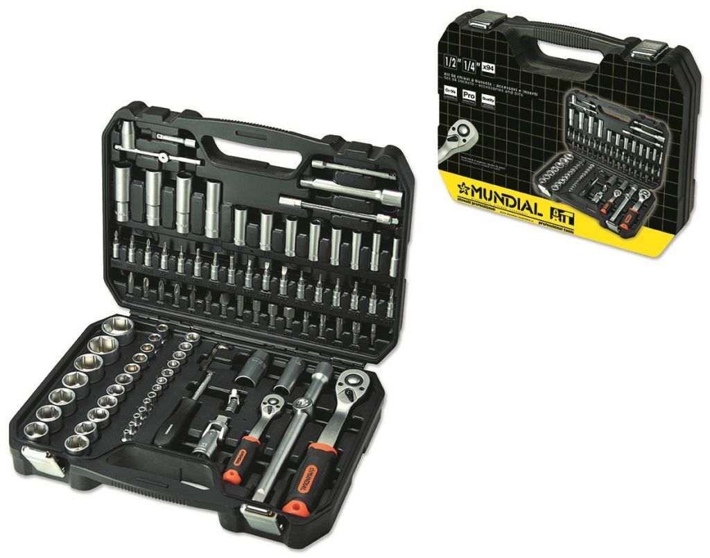 MUNDIAL 1555.010 Valigetta in plastica con kit 96 utensili professionali Bussole e Accessori 1/4” - 1/2” - da 4 a 32 mm