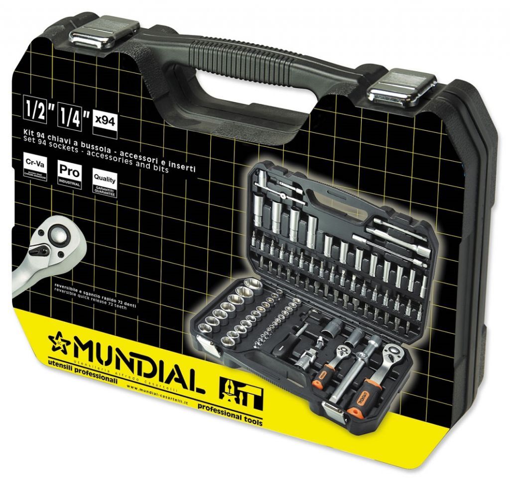 MUNDIAL 1555.010 Valigetta in plastica con kit 96 utensili professionali Bussole e Accessori 1/4” - 1/2” - da 4 a 32 mm