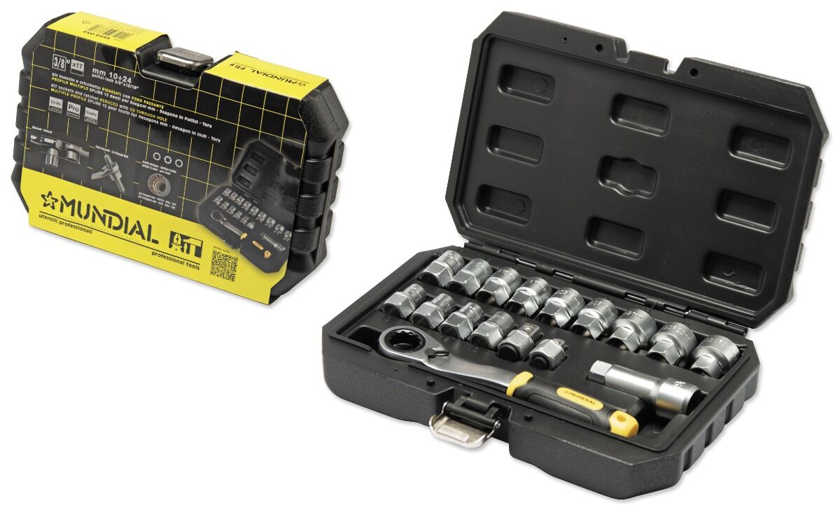 MUNDIAL 1559.038 Valigetta 17 bussole - 3/8” ribassate - con foro passante profilo multiuso