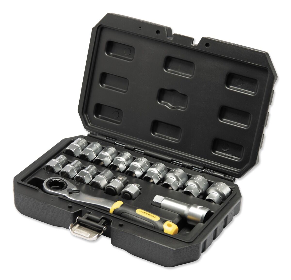 MUNDIAL 1559.038 Valigetta 17 bussole - 3/8” ribassate - con foro passante profilo multiuso