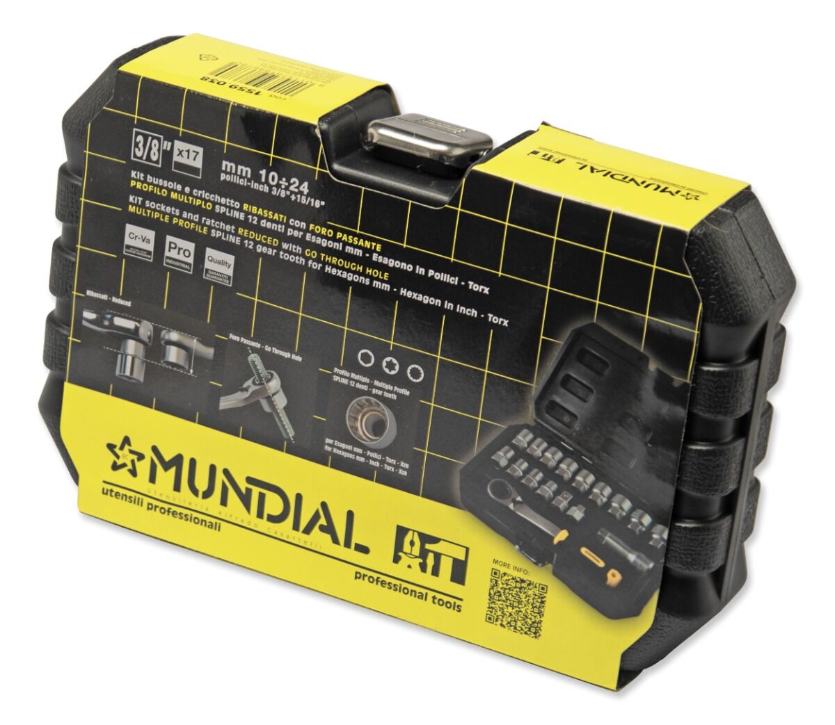 MUNDIAL 1559.038 Valigetta 17 bussole - 3/8” ribassate - con foro passante profilo multiuso