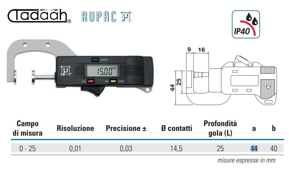 RUPAC 1555925 Spessimetro digitale tascabile Serie Digitronic, campo di misura 0-25, profondità gola 25mm, contatti Ø14,5mm, IP40