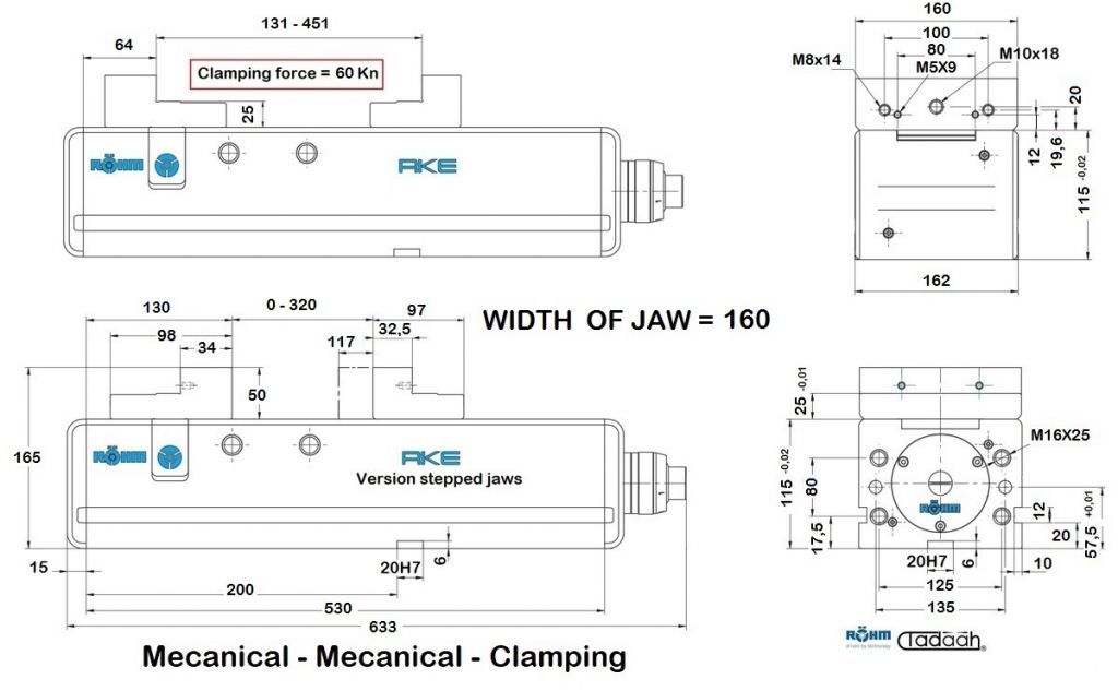 Klemme RKE, Breite der Backe 160, mit mechanisches manueller Verriegelung und Leistungsgeber 