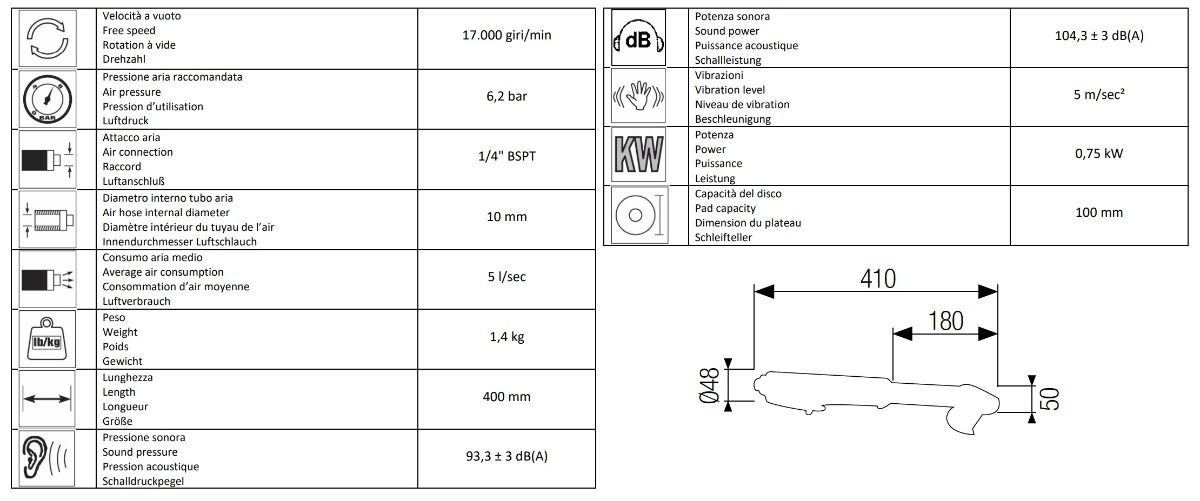16070030 AIRTEC Smerigliatrice/troncatrice angolare pneumatica leggera modello 543, adatta per dischi 100mm o inferiori e di spessore da 1 a 2mm