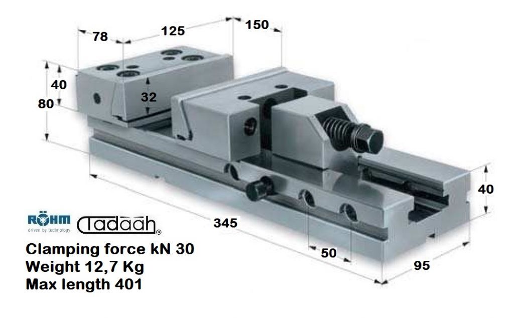 161828 Schraubstock Röhm MSR für Werkzeugmaschinen mit Niederzugbacken - Backenbreite 125mm - Länge 345mm - Spannkraft kN30