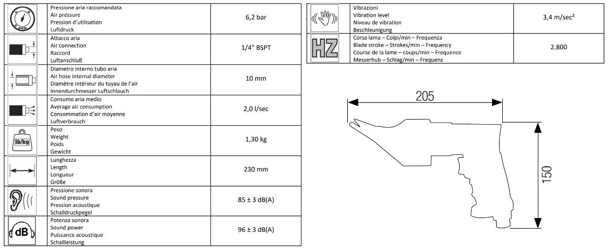 16302000 AIRTEC Cesoia pneumatica a pistola con capacità di taglio da 1,1 mm modello 567
