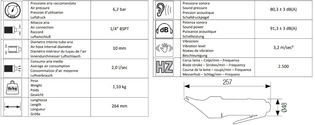 AIRTEC 16302005 Cesoia pneumatica dritta con capacità di taglio da 1.2mm, regolatore dell'aria sul corpo