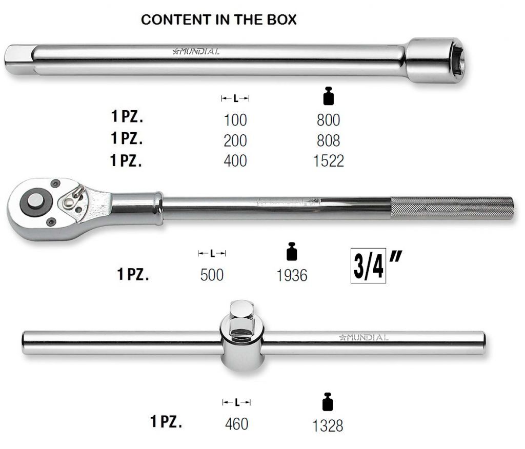 MUNDIAL 1640.020 Cassetta 21 accessori: 16 CHIAVI A BUSSOLA 3/4” mm 19 ÷ 50 + 3 PROLUNGHE 3/4” + 1 CRICCHETTO REVERSIBILE 3/4” + 1 LEVA A “T” 3/4”