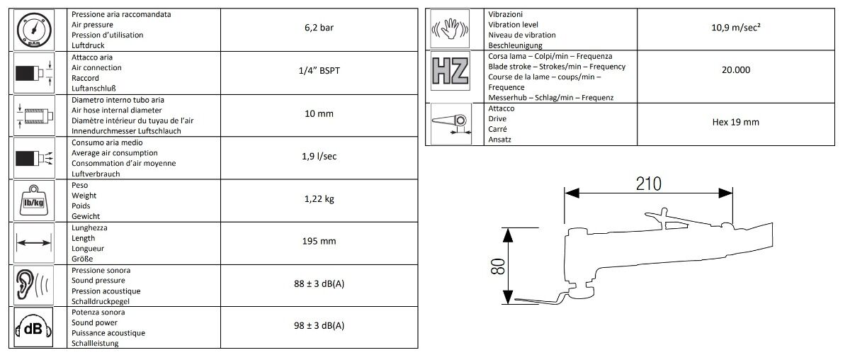 16400030 AIRTEC Coltello pneumatico oscillante modello 562, per parabrezza con tubo di scarico posteriore
