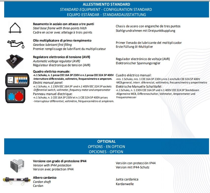 C.G.M. Gruppi Elettrogeni srl 16TR Generatore 3000 Giri/mn con attacco tre punte per trattori con potenza 30Hp, regolatore elettronico di tensione (AVR), 400V