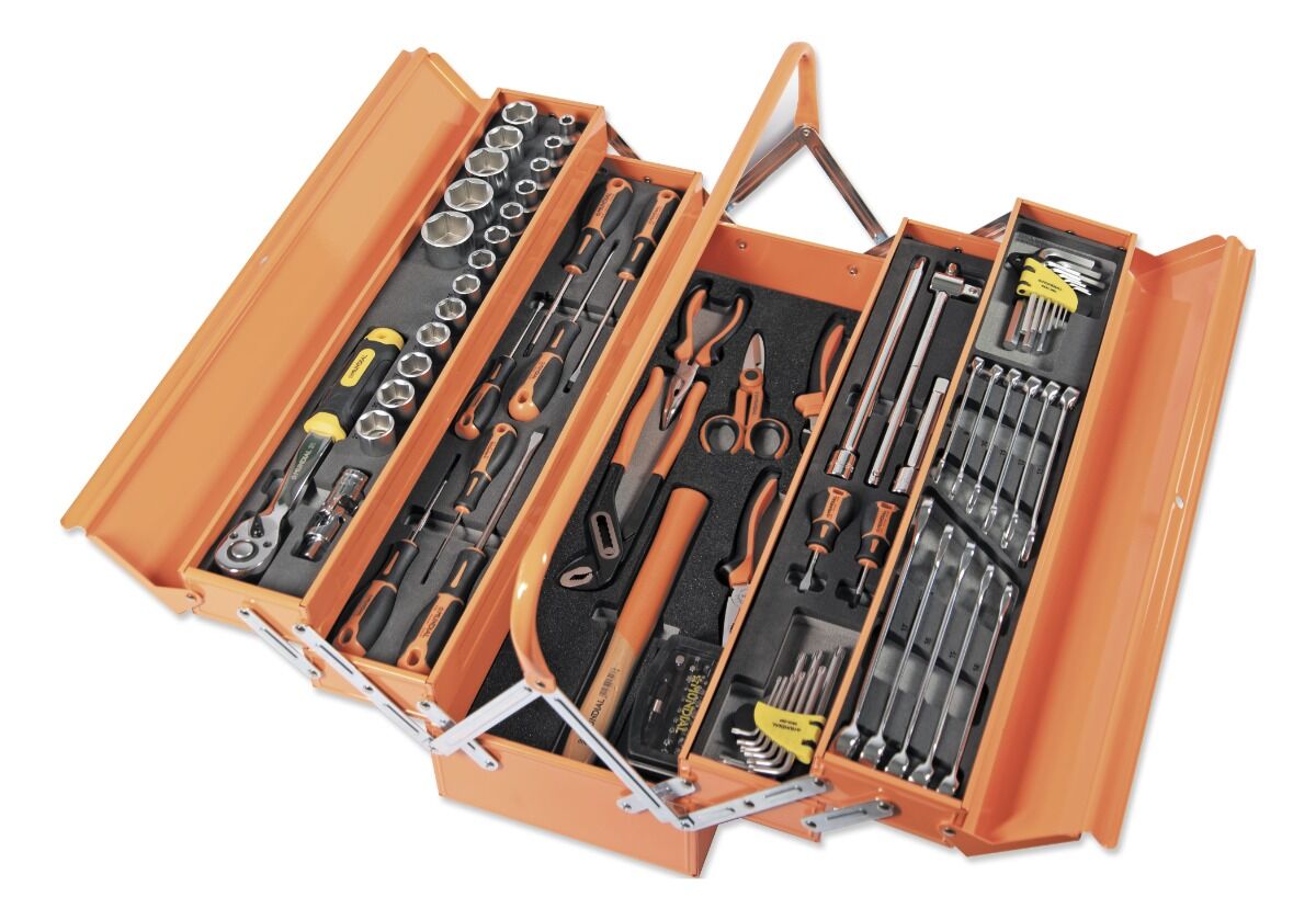 MUNDIAL 1764.040 Cassetta portatile porta attrezzi lunga in metallo - 98 utensili - 5 scomparti - Misure 550x215x225 mm