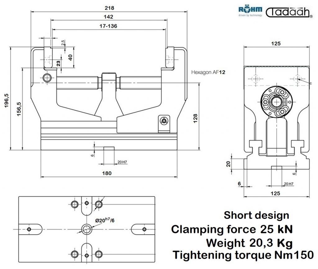 178911 Morsa Rohm RZM centrale short design con ganasce artigliate SKB, senza trasmettitore di potenza - Larghezza ganascia 125mm, Forza di serraggio kN25