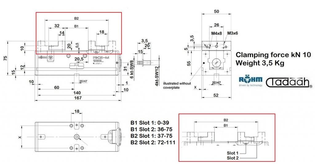 180190 Morsa Rohm RKZ-M con sistema di bloccaggio meccanico senza trasmettitore di potenza, manuale, larghezza ganasce a gradino 50mm - Forza di serraggio 10kN