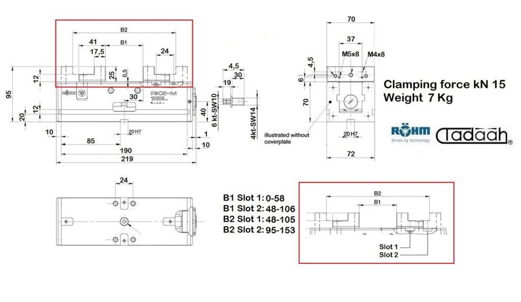 180191 Morsa Rohm RKZ-M con sistema di bloccaggio meccanico senza trasmettitore di potenza, manuale, larghezza ganasce a gradino 70mm - Forza di serraggio 15kN