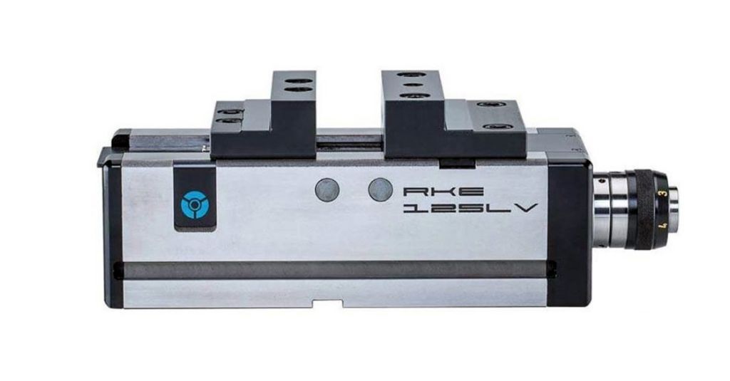180464 Vice Rohm RKE-LV with stepped jaws and power transmitter, short design - Jaw width 125mm