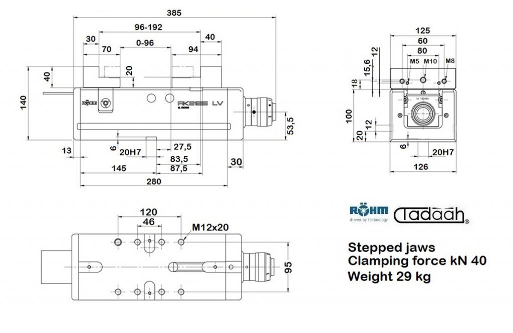 180464 Vice Rohm RKE-LV with stepped jaws and power transmitter, short design - Jaw width 125mm