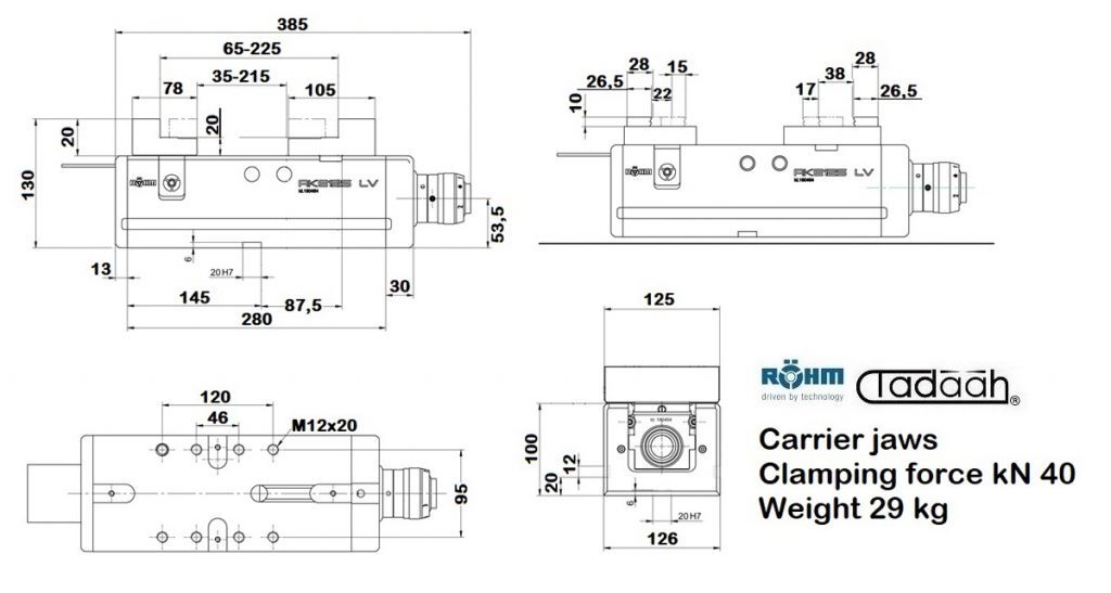 180465 Morsa Rohm RKE-LV con ganasce portanti di supporto e moltiplicatore di forza, design corto - Larghezza ganascia 125mm
