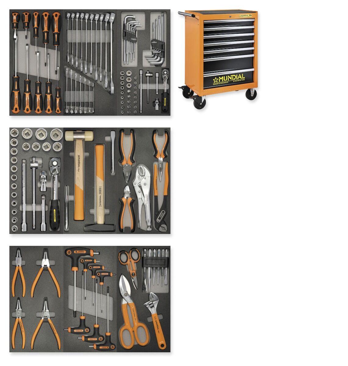 MUNDIAL 1810.128 Carrello porta attrezzi professionale trasportabile con piano di lavoro in gomma arancione - 128 utensili - 7 cassetti - Carico 700 kg