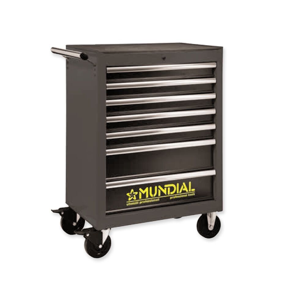 MUNDIAL 1810.210-G Carrello porta attrezzi professionale, colore grigio, trasportabile con piano di lavoro in gomma - Vuoto - 7 cassetti - Carico 700 Kg