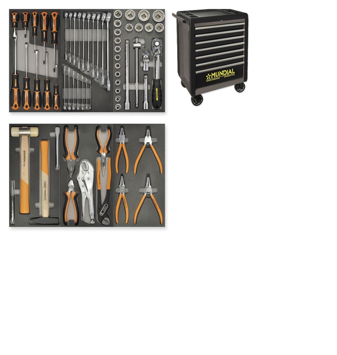 MUNDIAL 1812.064-G Carrello-PRO porta attrezzi professionale trasportabile con piano di lavoro in ABS grigio - 64 utensili - 7 cassetti - Carico 1000 kg