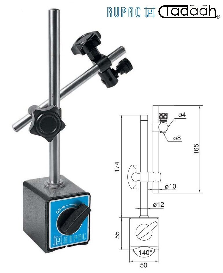 2001800 RUPAC Base - Supporto magnetico porta comparatore F03B con base magnetica 50 x 55 x 62 mm e attacco per gambo comparatore Ø4 e Ø8mm